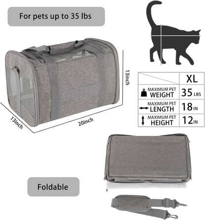 Cat Carrying Case - Pet Carrier Airline Approved, Protable and Breathable Pet Travel Carrier Removable Fleece Pad, Collapsible Cat Carrier Dog Carrier for Medium Cats Small Cats Dogs (X-Large, Grey)