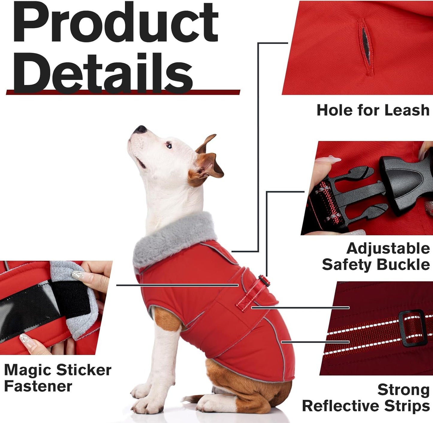 Lelepet Warm Dog Coat Waterproof Dog Jacket Reflective Fleece Vest with Adjustable Buckle Hook & Loop, Windproof Winter Jacket Dogs Coats for Small Medium Large Dogs, Red, XL