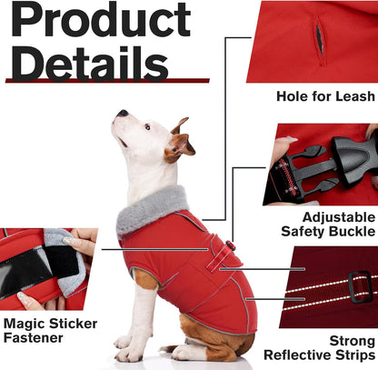 Lelepet Warm Dog Coat Waterproof Dog Jacket Reflective Fleece Vest with Adjustable Buckle Hook & Loop, Windproof Winter Jacket Dogs Coats for Small Medium Large Dogs, Red, M