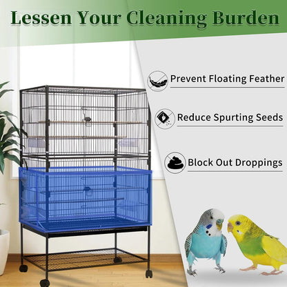 Daoeny Large Bird Cage Cover, Bird Cage Seed Catcher, Adjustable Soft Airy Nylon Mesh Net, Birdcage Cover Skirt Seed Guard for Parrot Parakeet Macaw African Round Square Cages (Blue)