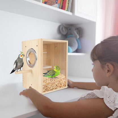 Parakeet Nesting Box Transparent Design, Natural Wood Bird Nest Breeding Box with Perch, Acrylic Bird House for Cage Bird Nesting Box for Small Cockatiel Lovebirds Finch Parrot Canary S