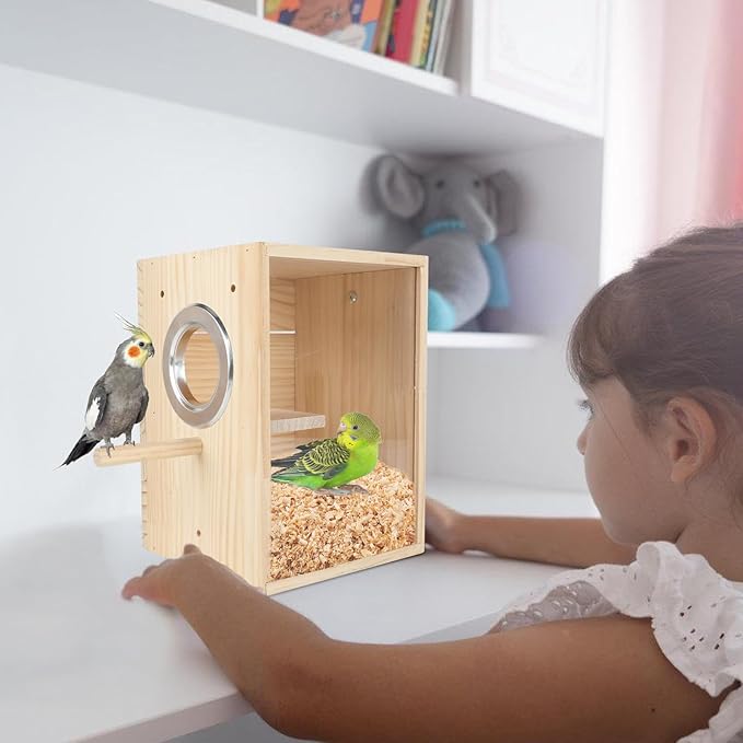 Parakeet Nesting Box Transparent Design, Natural Wood Bird Nest Breeding Box with Perch, Acrylic Bird House for Cage Bird Nesting Box for Small Cockatiel Lovebirds Finch Parrot Canary M