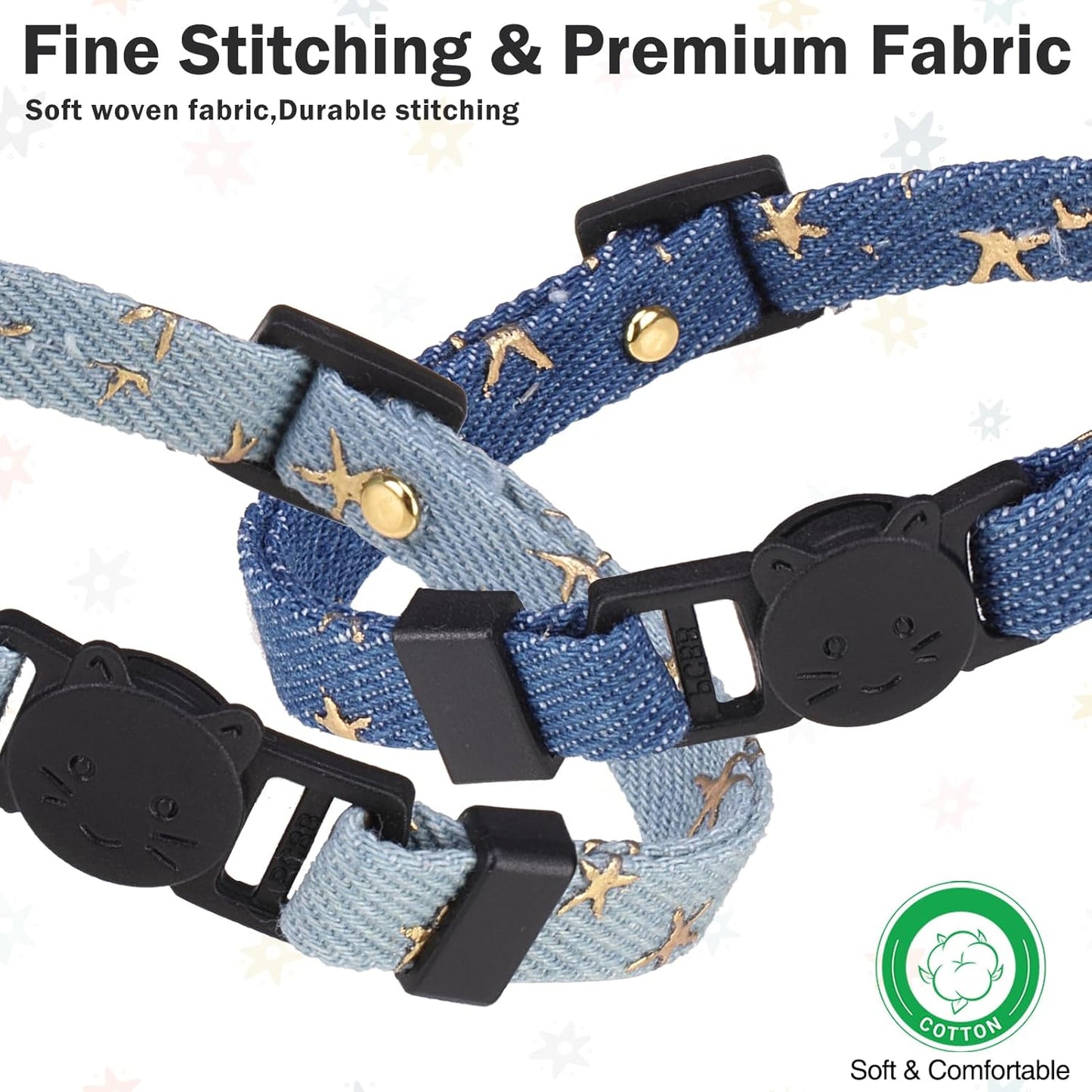 3 Pack Breakaway Cat Collars with Bell- Moon and Stars Pendant Cat Collar for Girl Boy Cats with Safety Buckle- Cute Kitten Collar Adjustable 8"-12" for Kitty Puppy Small Pets