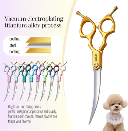 Professional Curved Dog Grooming Scissors with Sharper Self Grinding lightweight and finely trimmed split structure 6.5'' Japan VG10 63HRC for small dogs cat pet(Gold)