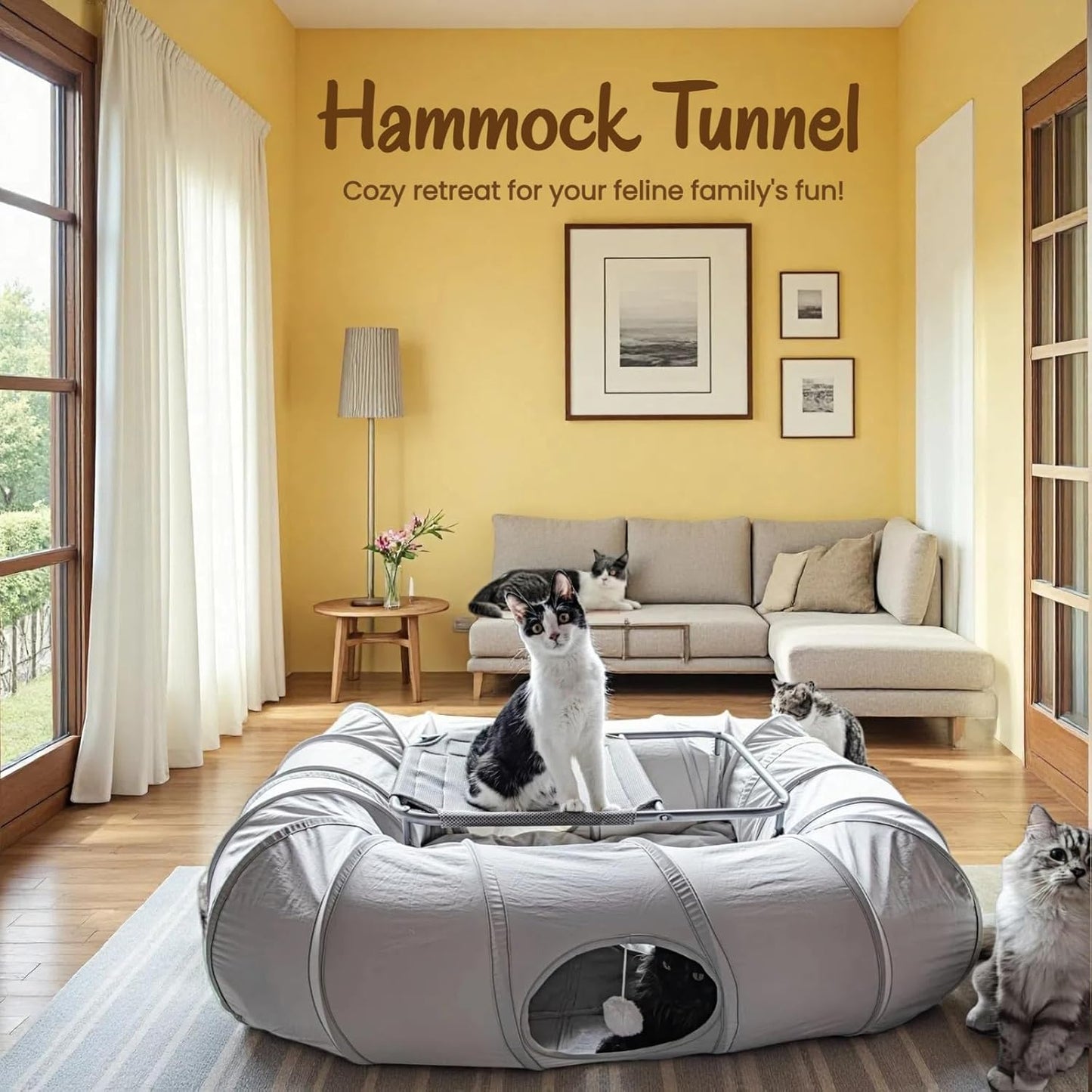 XxingSheep 2-Tier Cat Tunnel & Hammock Bed XXL, 4 Cave Shuttle with Elevated for Multiple Cats Toy Light Grey