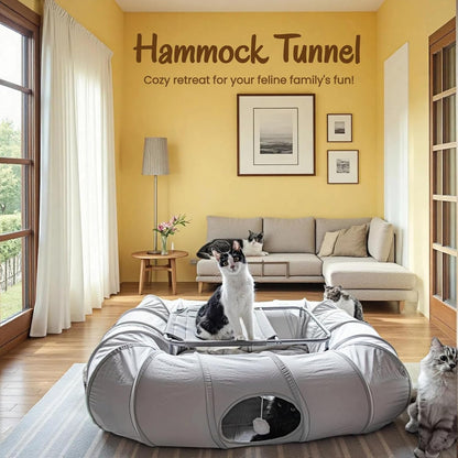 XxingSheep 2-Tier Cat Tunnel & Hammock Bed XXL, 4 Cave Shuttle with Elevated for Multiple Cats Toy Light Grey