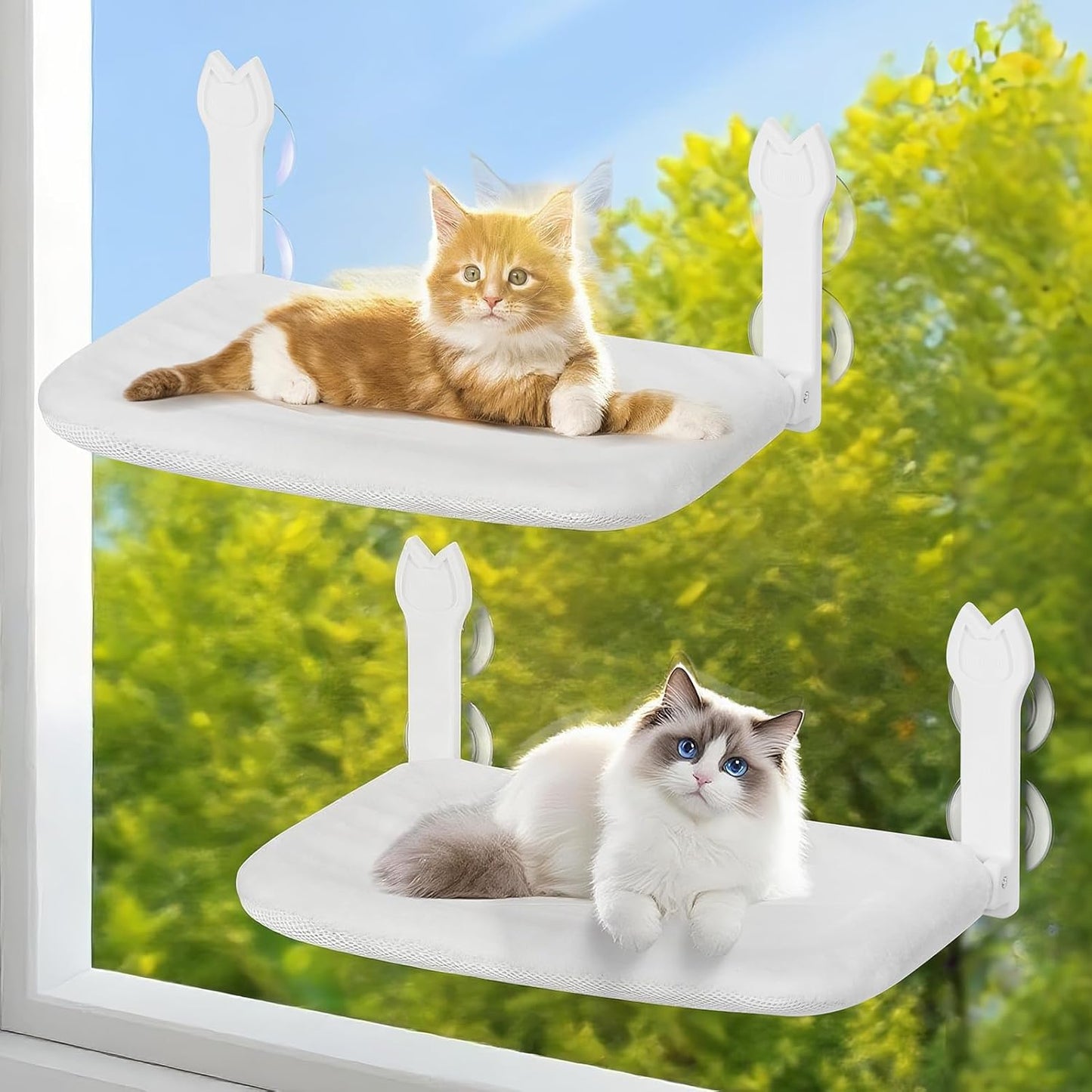 Cat Window Hammock 2-Pack,Foldable Cat Perch with Suction Cups & Metal Frame,Holds up to 40 lbs - Durable & Secure for Cats,Features 2-Sided Cushion & Easy Storage for Sunny Lounging(White)
