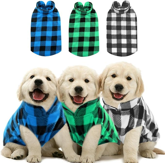 KAMA BRIDAL 3 Pack Spring Autumn Winter Coat Pullover Fleece Vest for Cats Small and Medium Dogs - Thin Sweater Blue Green Black Plaid (L)