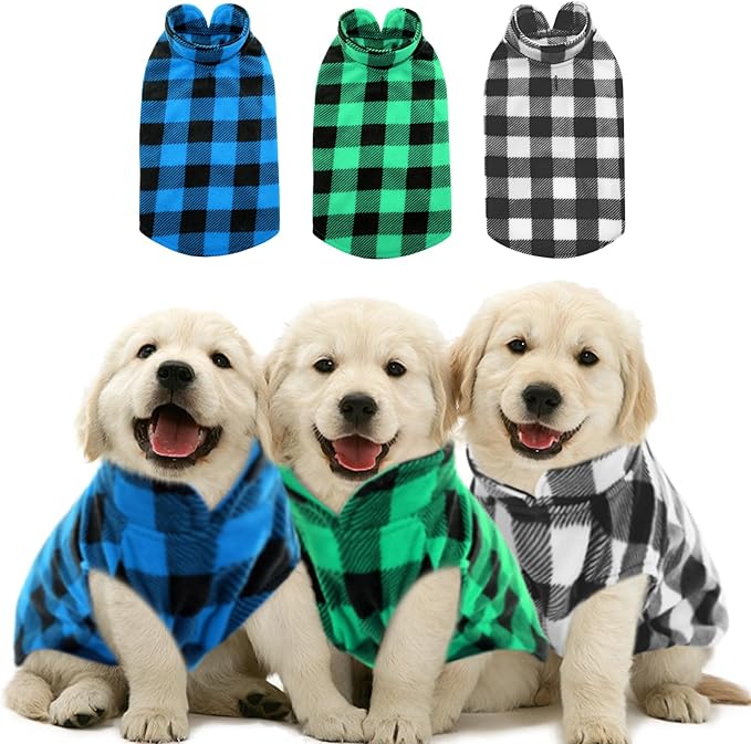 KAMA BRIDAL 3 Pack Spring Autumn Winter Coat Pullover Fleece Vest for Cats Small and Medium Dogs - Thin Sweater Blue Green Black Plaid (XXS)