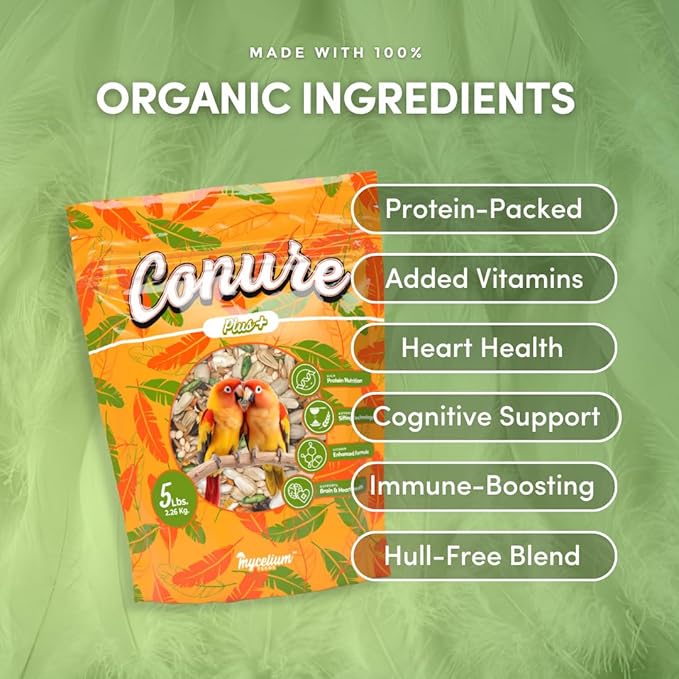 Mycelium Organic Conure Plus Feed (5 LBS) | High-Protein Bird Seed for Conures | Brain & Heart Health, Vitamin-Fortified Daily Nutrition | Omega-Rich, Non-GMO, USA Made
