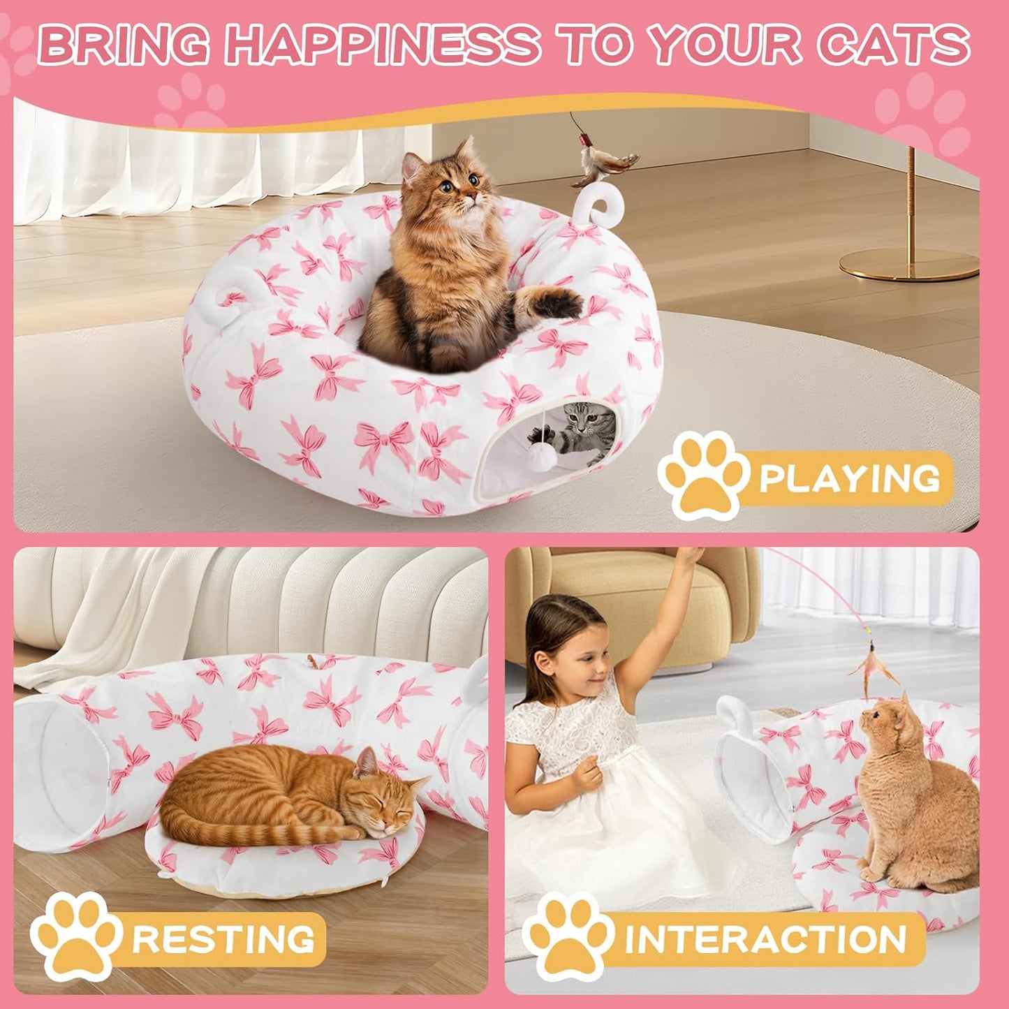 Cat Tunnel with Cat Bed for Indoor Cats, Under Christmas Tree Cute Kitten Donut Tunnel with Washable Cushion, Peekaboo Cat Cave Toy for Kitten Puppy Rabbit, Pink Pattern