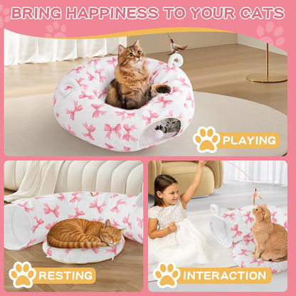 Cat Tunnel with Cat Bed for Indoor Cats, Under Christmas Tree Cute Kitten Donut Tunnel with Washable Cushion, Peekaboo Cat Cave Toy for Kitten Puppy Rabbit, Pink Pattern