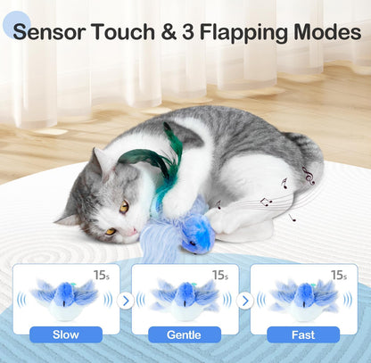 Migipaws Interactive Flapping Bird Cat Toys with Rod, clamp, Elastic String and Catnip, Automatic Chirping Toys for Indoor Cats to Chase, Hanging Feathers for Kitten to Self Play,Rechargeable(Blue)