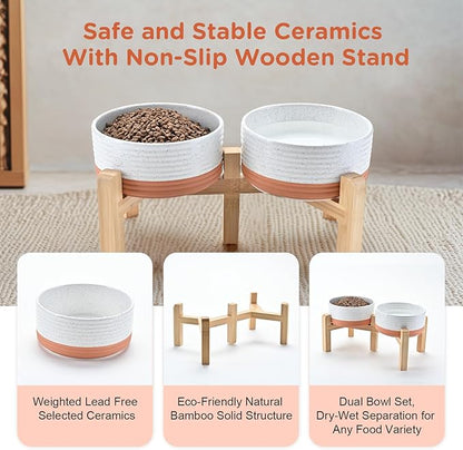 SPUNKYJUNKY Elevated Dog Bowls Ceramic, 6.1'' Dogs and Cat Food Water Bowls Raised with Non-Slip Bamboo Stand for Medium Sized Breed Microwave Dishwasher Safe - 28.7 OZ,Pattern White