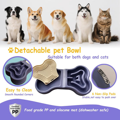 Bone Slow Feeder Bowl for Dogs Cats - 2-in-1 Lick Mat & Water Dish with 6 Non-Slip Pads, Food-Grade PP & Silicone Pet Bowl for Anti-Choking，Fun Feeding，Anxiety Relief (Purple)