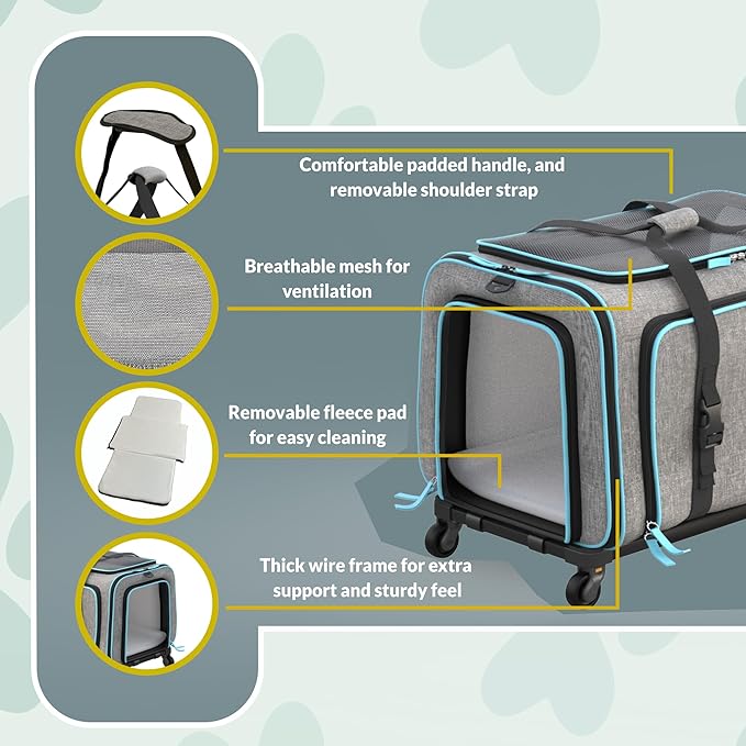 Katziela Rolling Rover Airline Compliant Expandable Premium Pet Carrier 6-Wheeled Baseboard Telescopic Handle Two-Sided Expandable Rolling Carrier Designed (Gray- Blue Piping)