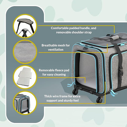 Katziela Rolling Rover Airline Compliant Expandable Premium Pet Carrier 6-Wheeled Baseboard Telescopic Handle Two-Sided Expandable Rolling Carrier Designed (Gray- Blue Piping)