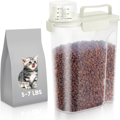 5Lbs Dog Cat Storage Container Portable with Upgraded Large Spout and Cup, Plastic Pet Food Dispenser for Small Animal Kibble, Bird Seed, Oatmeal, Rice, Flour, Brown Sugart -Elegant White