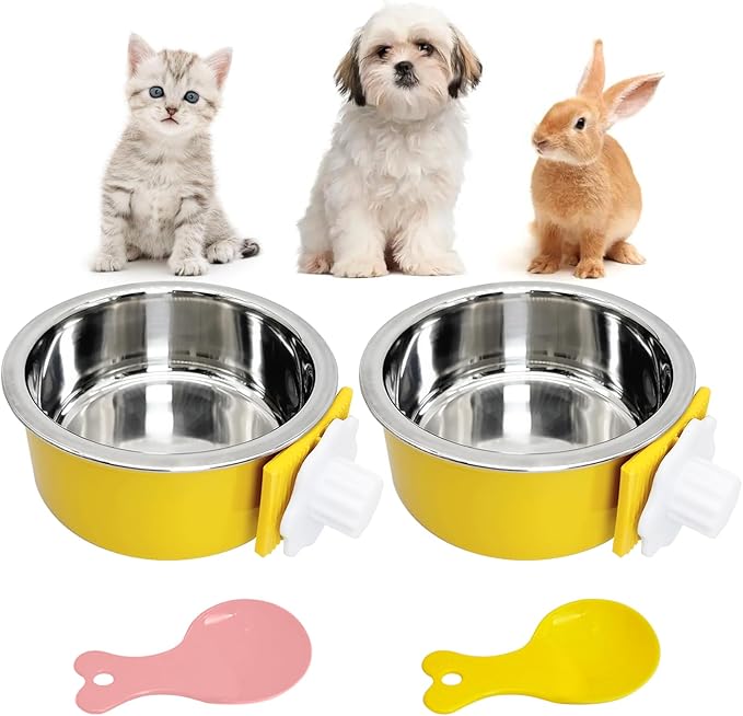 Hamiledyi Crate Dog Bowl Cat - Removable Stainless Steel Hanging No Spill Pet Bowl for Kennels Durable Detachable Design Fits Small Medium Dog Cages (2 Pcs, Yellow