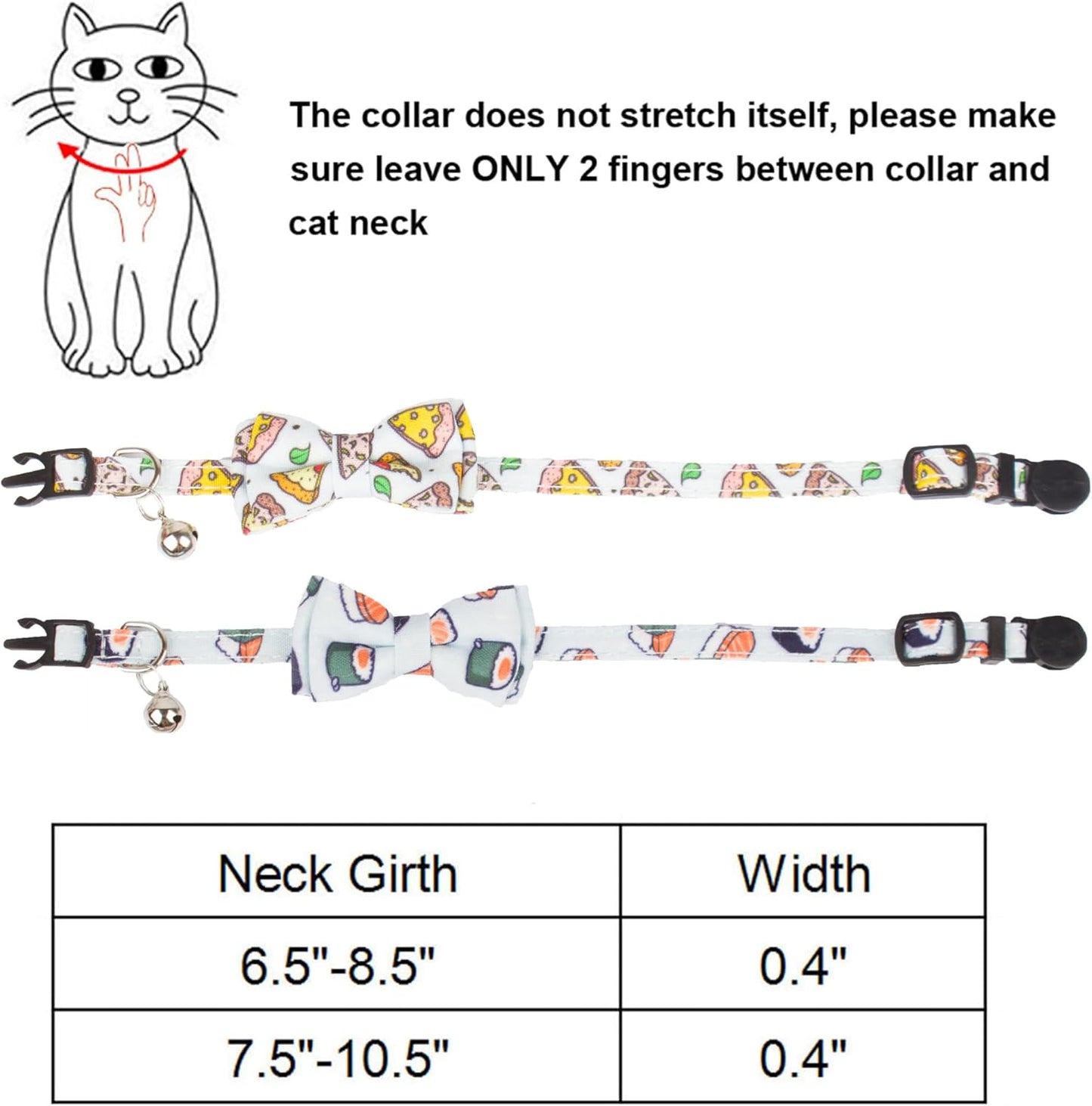 ADOGGYGO Cat Collar Breakaway with Bow Tie Bell - 2 Pack Kitten Collar with Removable Bowtie, Sushi Pizza Bowtie Collar for Cats Kittens (7.5"- 10.5")