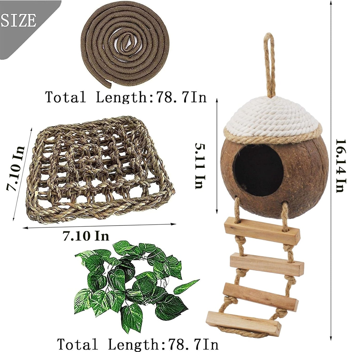 Leopard Gecko Coconut Hut with Ladder,Grested Gecko Coco Den Lizards Hanging Coconut Shell Hideout Cave Reptiles Tank Accessories Climbing Hanging Plants Jungle Vine Flexible Leaves Decor