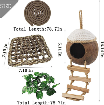 Leopard Gecko Coconut Hut with Ladder,Grested Gecko Coco Den Lizards Hanging Coconut Shell Hideout Cave Reptiles Tank Accessories Climbing Hanging Plants Jungle Vine Flexible Leaves Decor