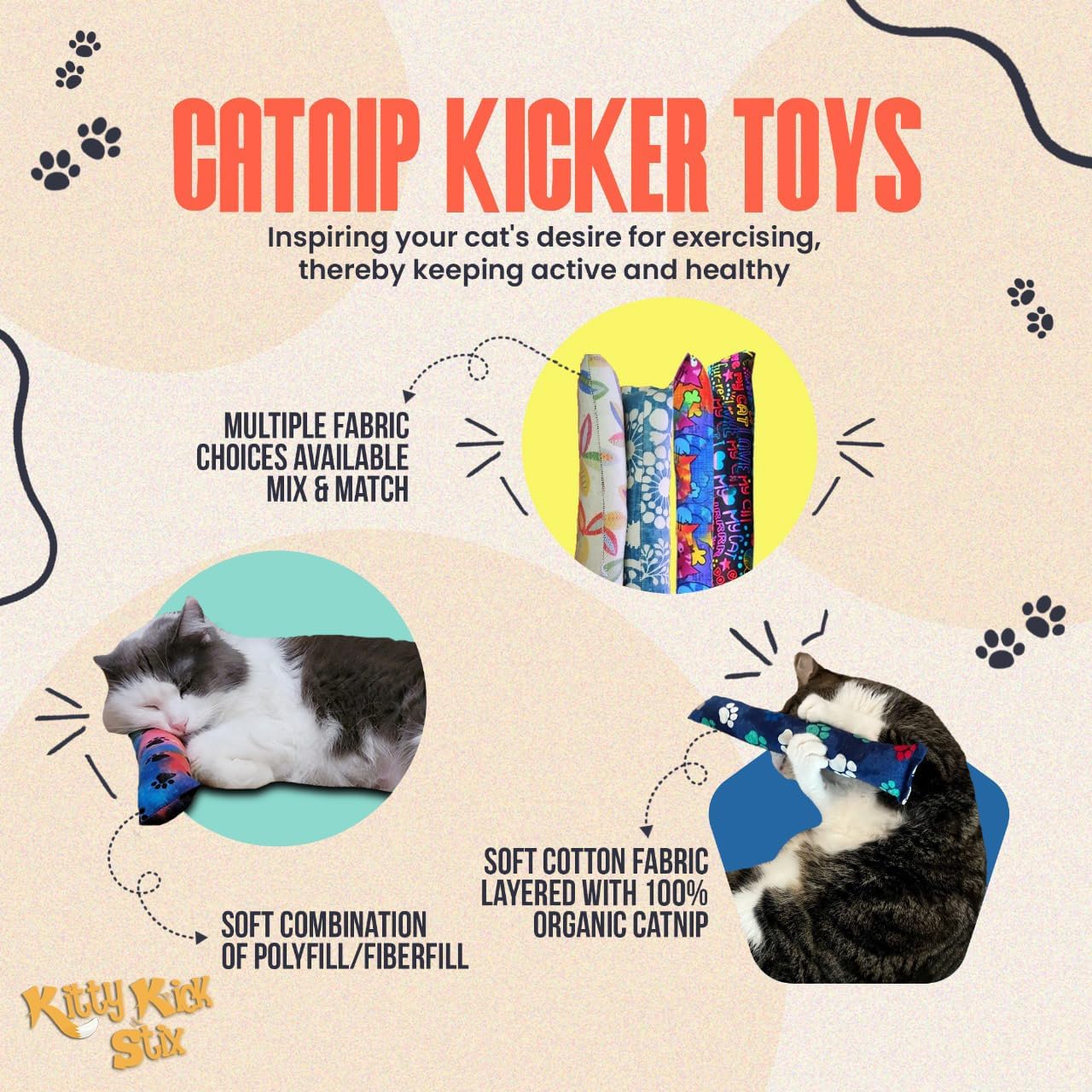 Kitty Kick Stix 15" Original Catnip Kicker Toy (Set of 2), Handmade in USA by Cat Lovers, Interactive Natural Cat & Kitten Toy, Packed with 100% Potent Catnip for All Breeds (Happy Cats)