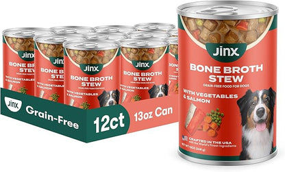 Jinx Bone Broth Stew for Dogs - Salmon & Vegetables Recipe - Grain-Free Wet Dog Food & Topper for Picky Eaters - Promotes Lean Muscle Growth, A Healthy Coat & Improved Digestion - 13 Oz, 12 Pack