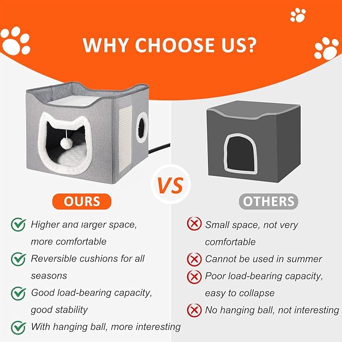 Heated Cat House for Indoor Cats - Heated Cat Bed Cave with Fluffy Ball and Scratch Pad, Foldable Cat Hideaway, Covered Cat Bed for Large Cats Kittens Small Pet