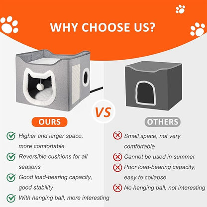 Heated Cat House for Indoor Cats - Heated Cat Bed Cave with Fluffy Ball and Scratch Pad, Foldable Cat Hideaway, Covered Cat Bed for Large Cats Kittens Small Pet