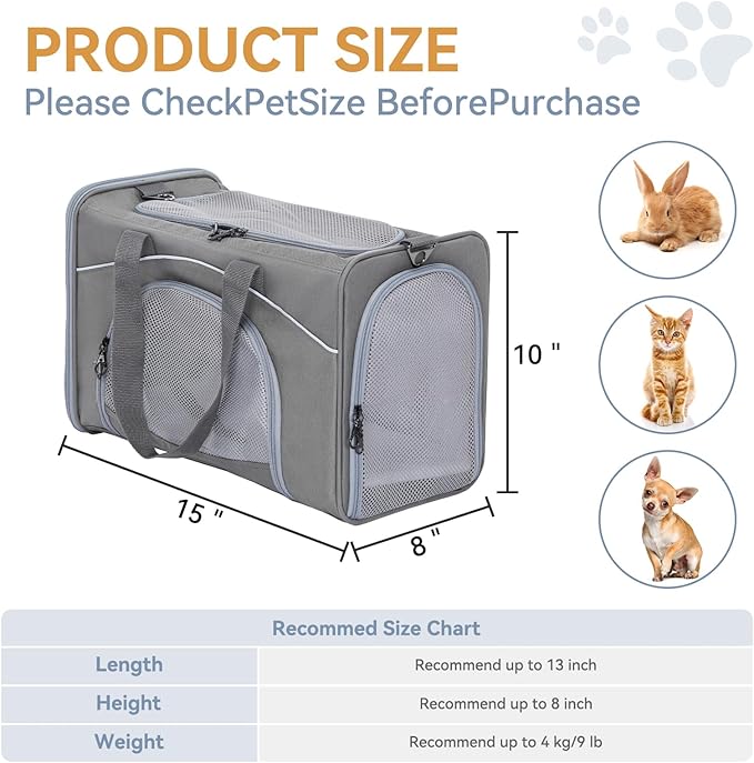 ‌Petsfit Airline Approved Pet Carrier for Small Cats, 15x8x10 TSA Approved Carrier, with Removable Dual-Sided Padding (2-Way Placement) - Fits Under Most Airplane Seats, Escape Proof (Grey)