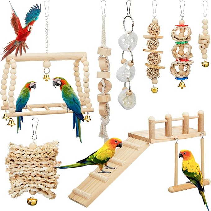 10 Pcs Parrot Swing Toys and Bird Perches Platform with Climbing Ladder Chewing Standing Hanging Parakeet Toys Bird Cage Accessories for Budgerigar Conure Cockatiel