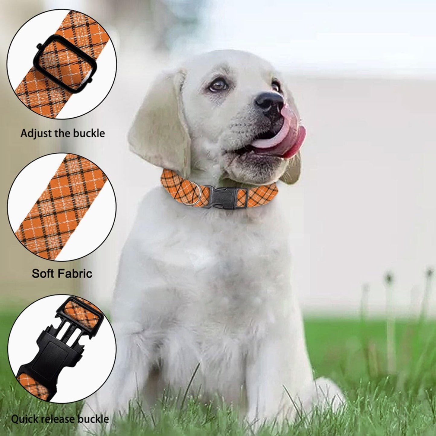 Orange Black Plaid Gingham Thanksgiving Dog Collars Soft Adjustable Collar Strap for Small Medium Large Dogs Cats Pet