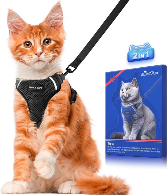 Halypet Cat Harness and Leash Set [ MAX Safety Third Generation ] Escape Proof Soft Adjustable Cat Leash Breathable Comfortable Vest Easy to Wear Kitten Harness for Outdoor Walking Black Small