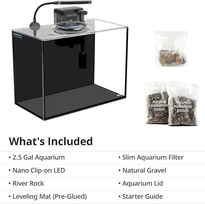 NICREW 2.5 Gallon Nano Nature Aquarium Kit, Ultra-Clear Rimless Desktop Fish Tank with Light, Filter, Gravel and Rock, Perfect for Small Fish, Shrimp, or Betta, Complete Version, Black
