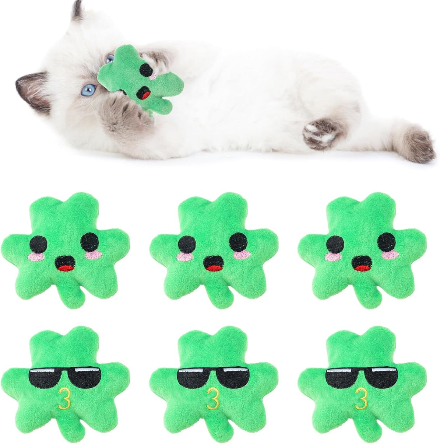 6pcs St. Patrick's Day Shamrock Catnip Toy，Indoor Shamrock Shaped Cat Toy Plush Interactive Chew Bite Toys for Cat Kitten Indoor Festive Holiday Cat Lover Gift