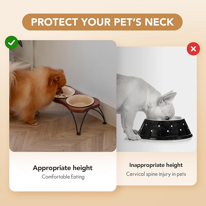 Ceramic 5.5-inch Raised Double-Bowl Set with Non-Slip Stand, Food & Water Dishes for Puppies and Cats, Wide Opening with Rounded Edges(Oat Beige)