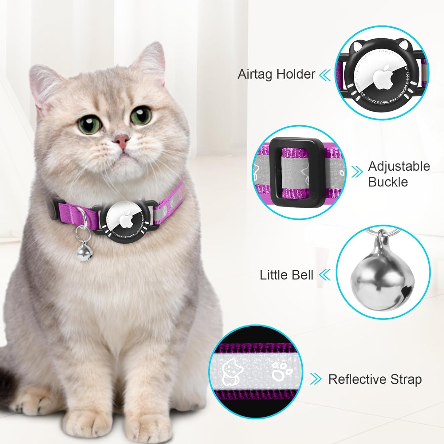 Airtag Cat Collar, Reflective Cat Collar with Apple Air Tag Holder, Breakaway GPS Tracker Pet Collar with Bell for Cat Kitten, Airatg Not Included, Purple, XS(7-9 Inch)