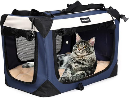Large Cat Carrier, Collapsible Dog Travel Crate Portable Soft-Sided Pet Carrier with Super Soft Warm Plush Mat for Indoor and Outdoor 20x14x14in,Navy Blue