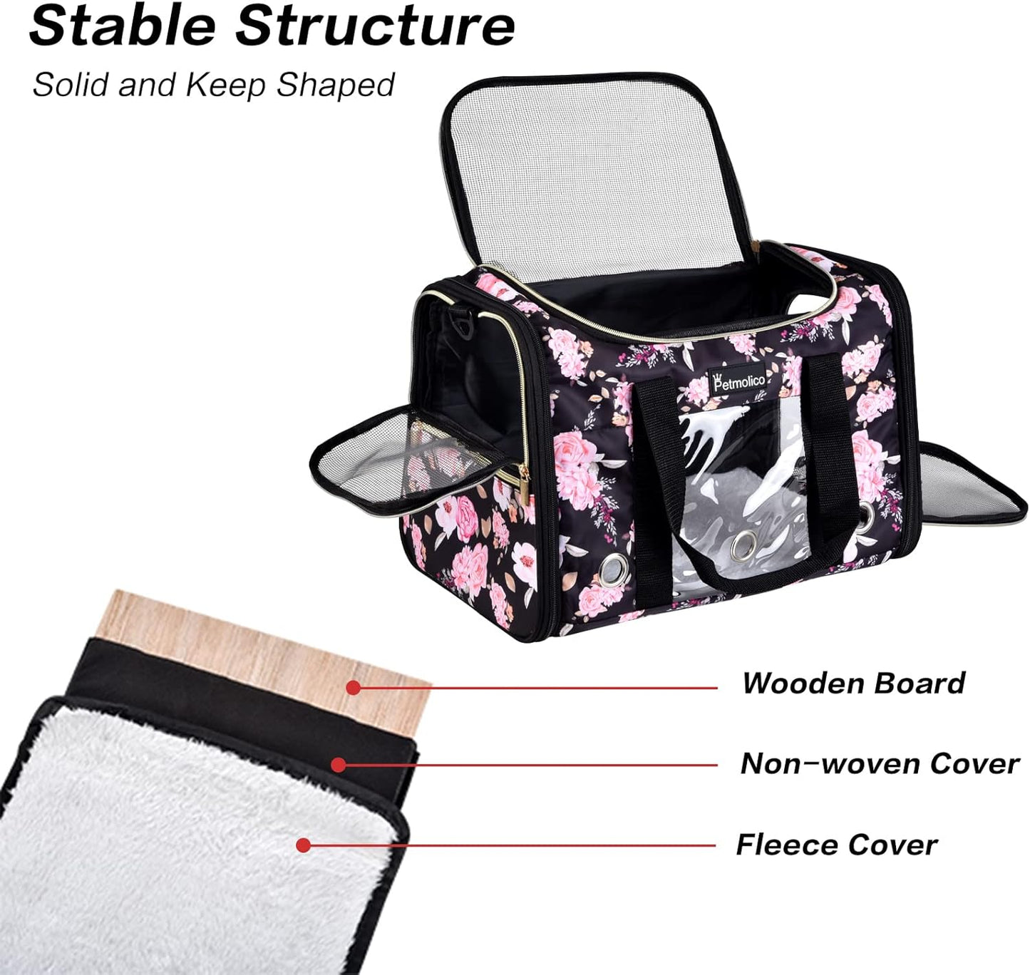 Petmolico Cat Carrier Soft-Sided Pet Bag for Small Medium Cats Puppies 16LBs - Airline Approved Pet Travel Carrier 3 Open Doors (Medium,Pink Peony)