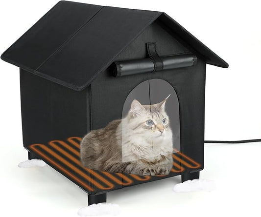 BWOGUE Elevated Heated Cat House for Outdoor Cats in Winter, Waterproof & Insulated Feral Cat Shelter for Outside Cats,Weatherproof Feral Cat House for Outside(Black)