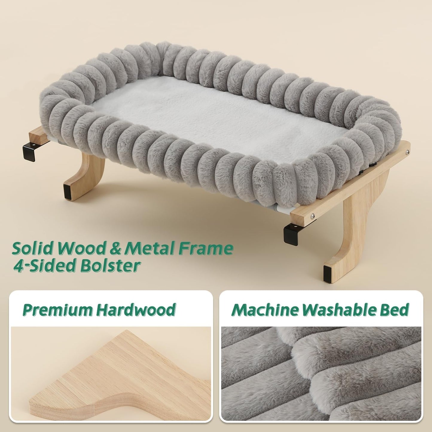 Zakkart SnugCloud Cat Window Perch with 4-Sided Bolster - Orthopedic Cat Hammock for Window Sill - Solid Hardwood & Metal Frame - Window Seat for Pets (Natural Color Wood w/Gray Bed, Large)