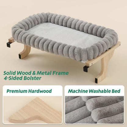 Zakkart SnugCloud Cat Window Perch with 4-Sided Bolster - Orthopedic Cat Hammock for Window Sill - Solid Hardwood & Metal Frame - Window Seat for Pets (Natural Color Wood w/Gray Bed, Large)