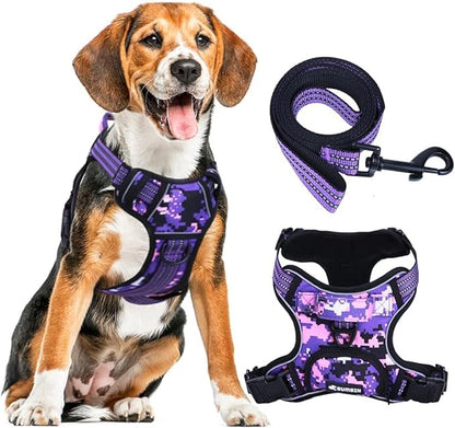 No Pull Dog Harness for Large Dogs, Adjustable No Choke Pet Vest with Dog Leash Fit Smart Reflective Pet Walking Harness for Training Easy Control Soft Handle Purple Camo L