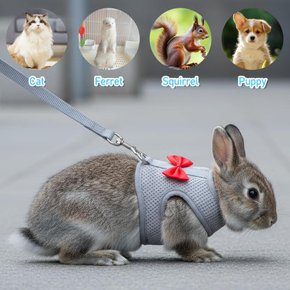 Rabbit Harness and Leash Set with a Cute Bow, Soft Mesh Vest-Style Carrier, Adjustable Rabbit Vest, Suitable for Rabbits, Kittens, Ferrets, Miniature Pigs, and Puppies, Gray Size M