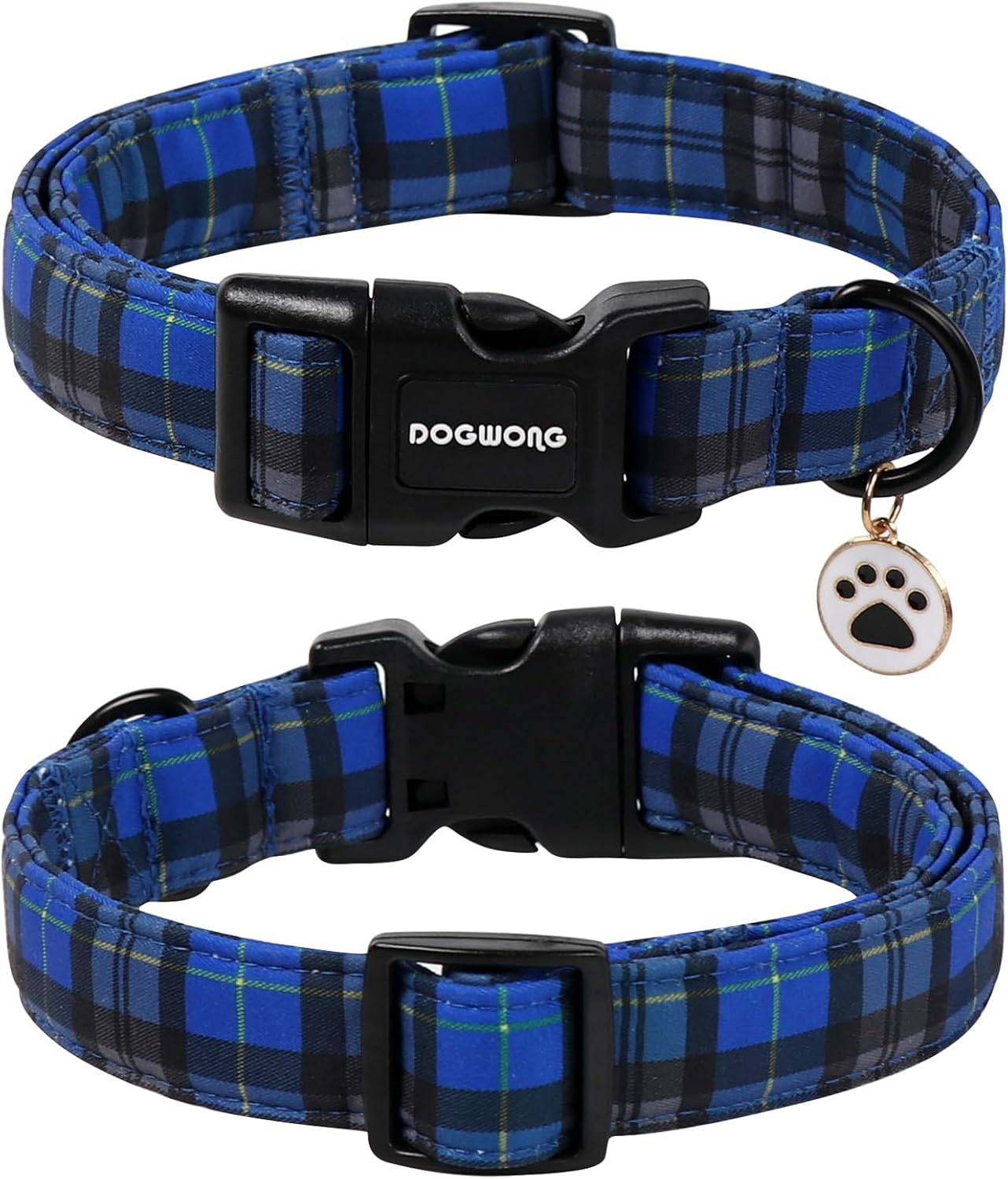 DOGWONG Blue Plaid Dog Collar, Blue Checkered Dog Collar with Mental Buckle Pet Necklace for Small Medium Large Dogs