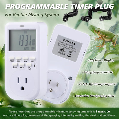 LANUEVA Reptile Humidifier, Quieter Mister Fogger for Terrarium with 4 Single Misting Nozzle + 2 Double Misting Nozzle, Automatic Spray System for Chameleon, Lizard, Snake, Frog (with Outlet Timer)