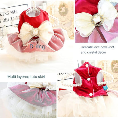 ANIAC Retro Dog Tulle Dress with Leash Ring Spring Summer Girl Puppy Clothes for Small Dog Cat Apparel Formal Pet Prom Dress for Christmas Wedding Birthday Valentines (Red,Small)