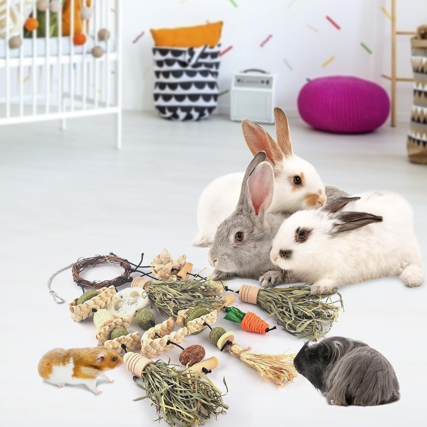 Bissap Bunny Chew Toy, Rabbits Cage Hanging Timothy Hay Chew Toys and Treats Rattan Ring with Snacks for Guinea Pigs Chinchillas Hamsters Rats and Other Small Pets Teeth Grinding