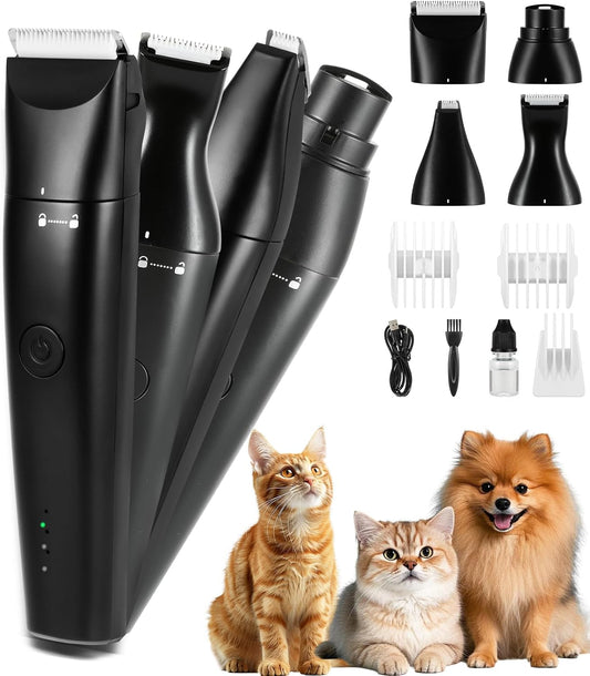 4 in 1 Dog Clippers for Grooming Paw Trimmer, USB-C Rechargeable Dog Grooming Clipper Kit Nail Ginder with Two Speeds, Cordless Pet Cat Trimmer Shavers for Thick Hairs for Poodle, Small Pets